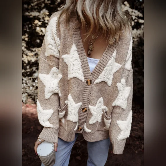 Khaki Sherpa Star Pattern Textured Sweater Cardigan with Pockets - Picture 1 of 16
